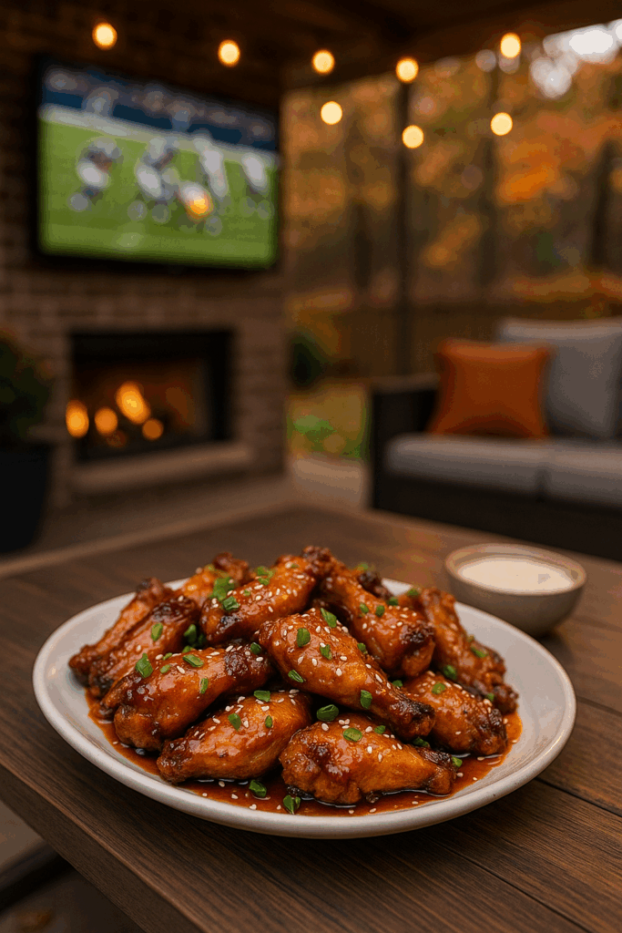 Fall football entertaining Dayton: garlic-honey wings on a patio table with ranch; TV showing football and a fireplace behind