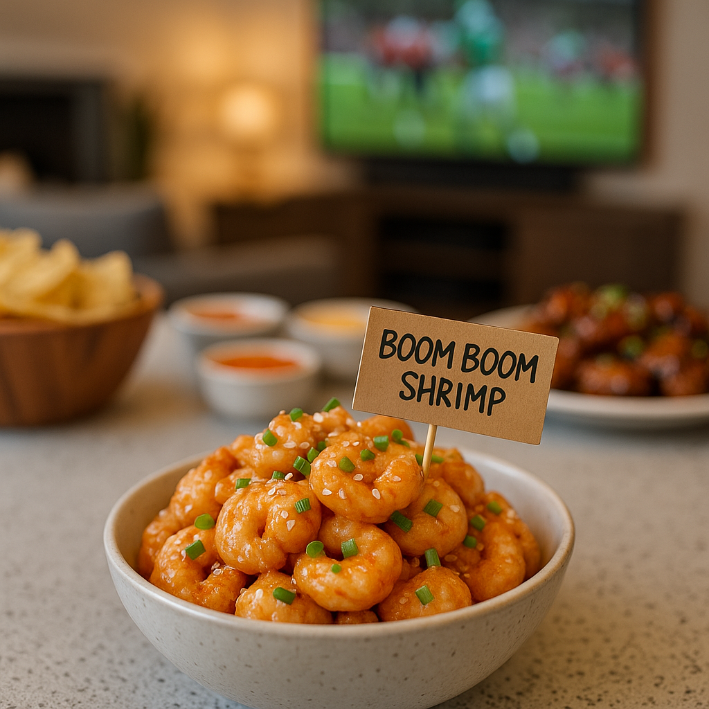 Fall football entertaining Dayton: boom boom shrimp in a bowl with scallions and sesame; football game on TV behind.