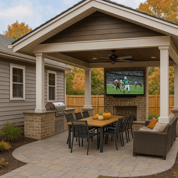 Fall football entertaining Dayton: gable patio cover with outdoor TV above fireplace, dining table, built-in grill, and seating on a paver patio