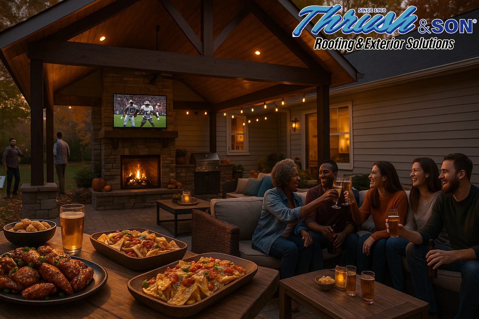 Fall football entertaining Dayton: friends toasting under an A-frame patio with fireplace and outdoor TV; wings and nachos on the table at dusk