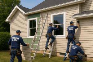 Thrush & Son® crew installing premium siding and energy-efficient windows on a modern home in compliance with safety standards and best practices.