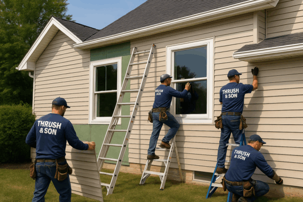 65 Years Strong: Thrush & Son® crew installing premium siding and energy-efficient windows on a modern home while following professional safety standards.