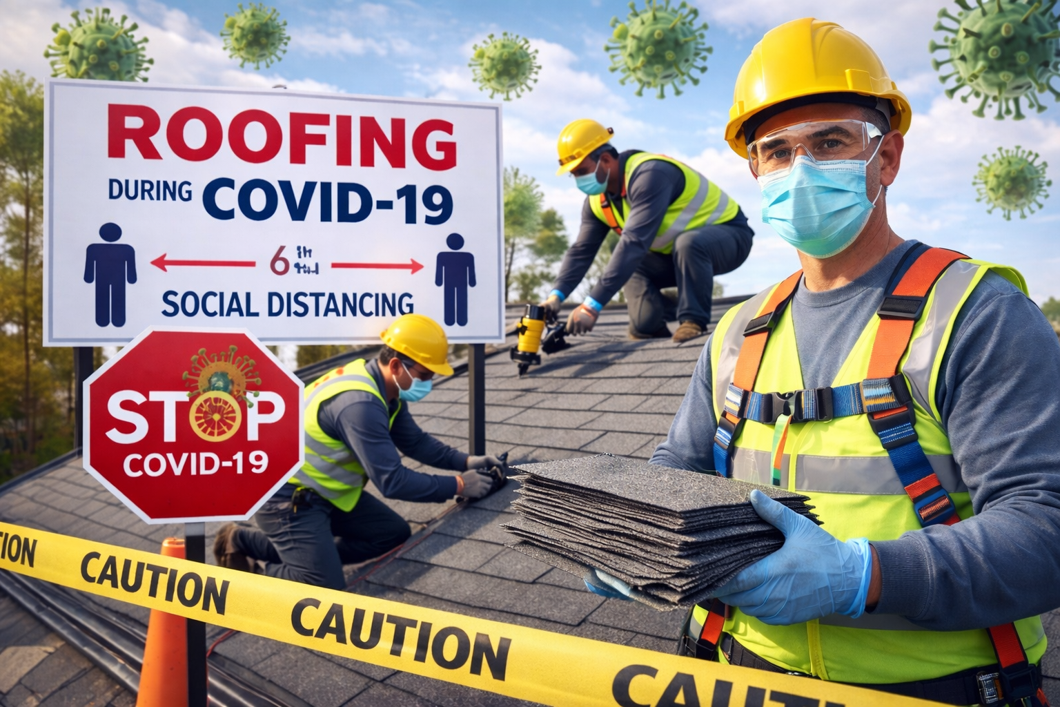 Coronavirus pandemic of 2020 roofing crew wearing masks and safety gear while completing roof repairs with social distancing precautions