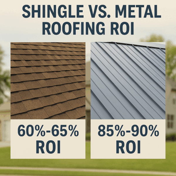 Comparison of shingle roofing versus metal roofing with return on investment percentages.