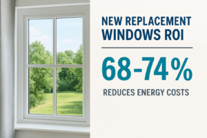 Energy-efficient white-framed double-hung replacement window with text highlighting 68–74% ROI and reduced energy costs.