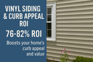 Beige vinyl siding with white-trimmed window and flower bed, showing 76–82% ROI for improved curb appeal.