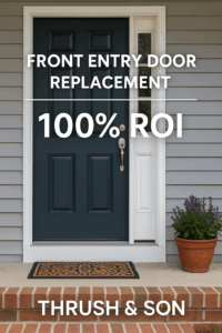 Front entry door with white trim and navy finish showing 100% ROI for home value and curb appeal.