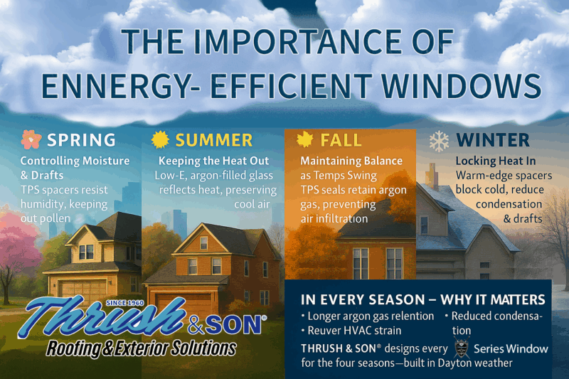Replacement Windows in Dayton infographic showing a realistic two-story home and city skyline across spring, summer, fall, and winter, highlighting TPS warm-edge spacer benefits and energy-efficient windows.