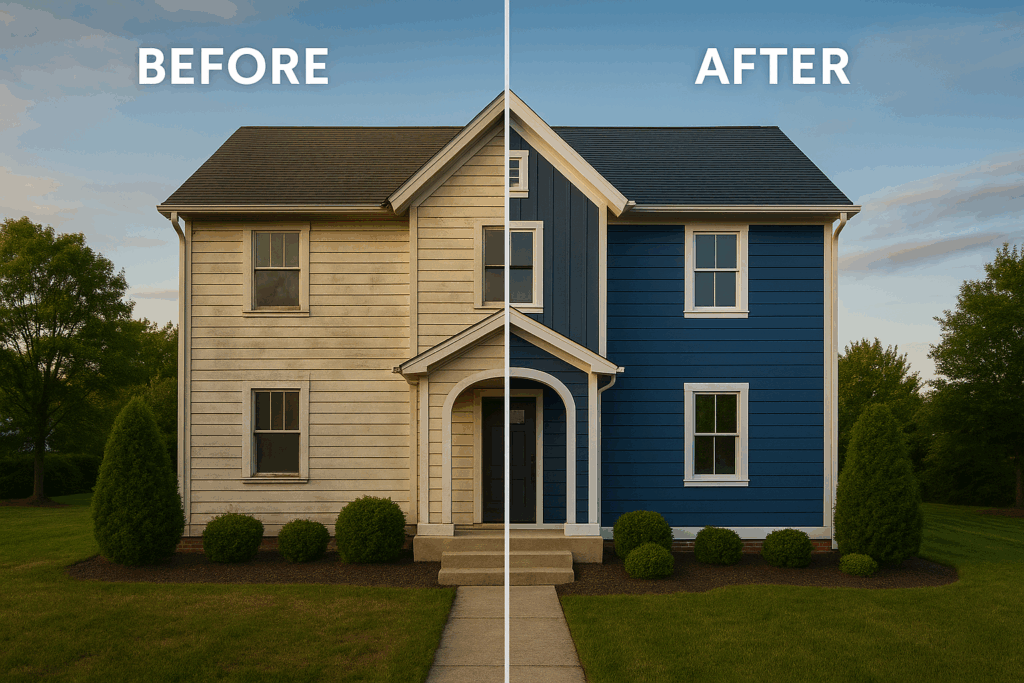 Fiber-Cement Lap Siding Before and After - Dayton Ohio Siding replacement Dayton Ohio – fiber-cement lap siding before and after, blue-gray upgrade with crisp white trim.