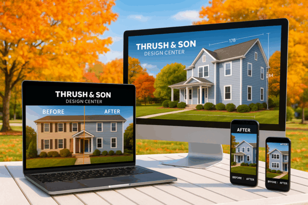 Siding replacement Dayton Ohio – AI visualizer with before/after and measurements on desktop, laptop, and phones in a bright fall scene.