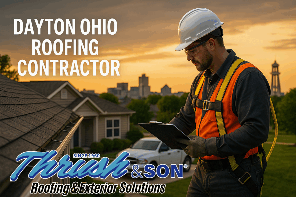 Dayton Ohio roofing contractor from Thrush & Son® inspecting a roof with a clipboard at sunset.