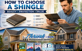 Homeowner choosing asphalt shingles for a new roof; CertainTeed roofing installation project by Thrush & Son® in Dayton Ohio.