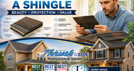 Homeowner choosing asphalt shingles for a new roof; CertainTeed roofing installation project by Thrush & Son® in Dayton Ohio.