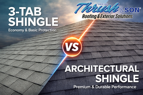 Choose a shingle comparison showing traditional 3-tab roofing shingles vs architectural shingles highlighting flat vs dimensional roof design