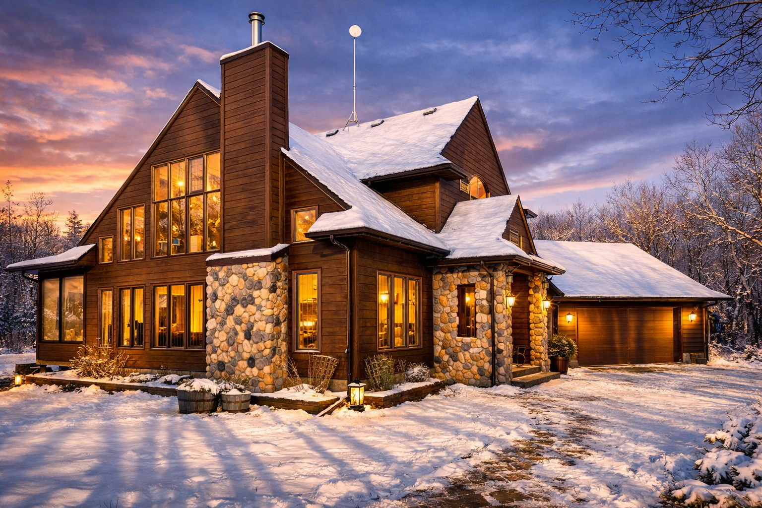 Siding warranty protection displayed on a winter home with siding, stone accents, and durable exterior built for long-lasting performance in harsh weather conditions.