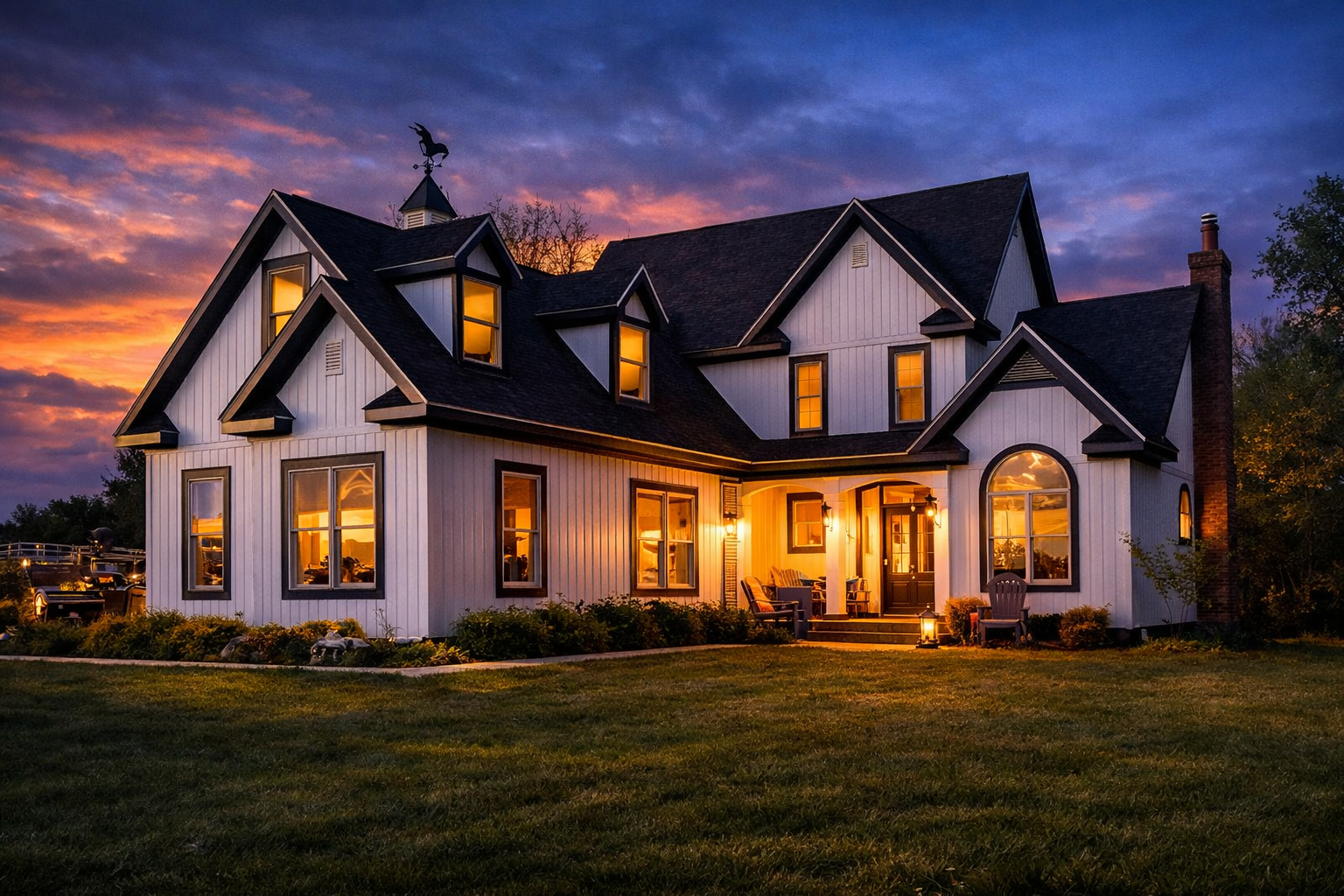 Two-story Centerville home with white board and batten vinyl siding, black trim, and black roof during fall — showcasing the beauty and durability of vinyl siding in Centerville.
