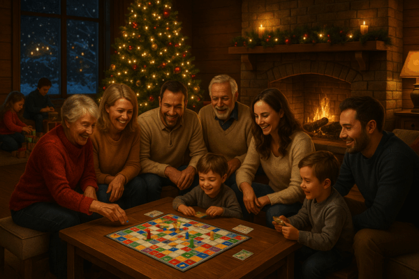 Christmas family gathering ideas with a multigenerational family playing a board game around a coffee table by a roaring fireplace and decorated Christmas tree