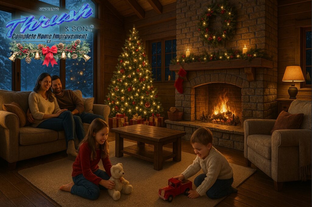 Christmas family gathering ideas in a vaulted-ceiling addition with roaring fireplace, large windows, snow outside, and a decorated Christmas tree