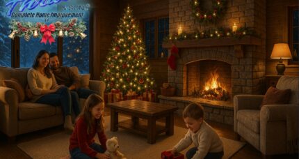 Christmas family gathering ideas in a vaulted-ceiling addition with roaring fireplace, large windows, snow outside, and a decorated Christmas tree