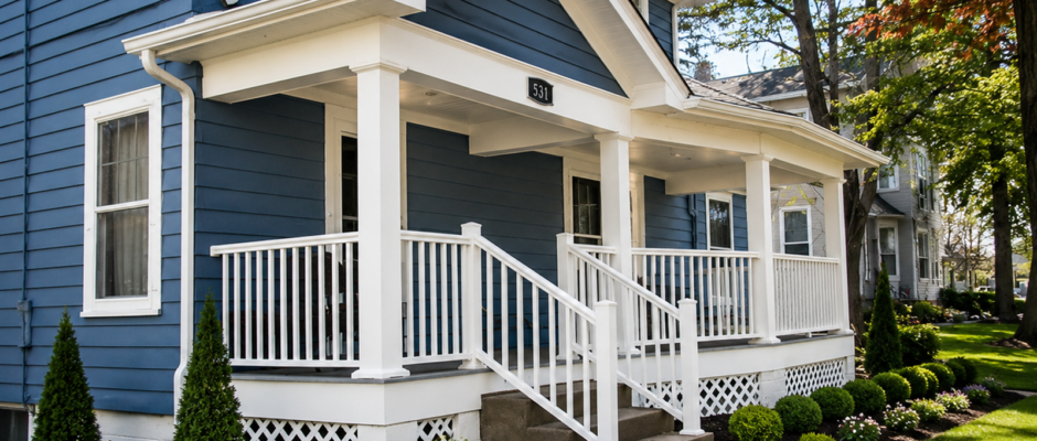 Classic Blue Exterior Remodel With Custom Front Porch Upgrade - Thrush & Son®