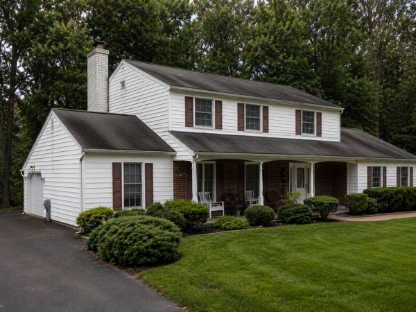 Enhanced view of a traditional two-story colonial home featuring white siding, classic maroon shutters, a naturally weathered roof with visible aging streaks, mature landscaping, a covered front porch, and a manicured lawn set against a wooded backdrop.