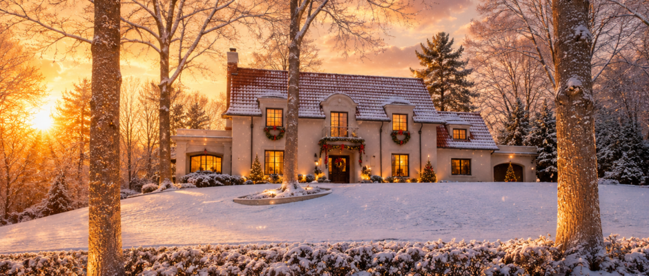 Classic European Estate With Serene Winter Sunrise - Thrush & Son®