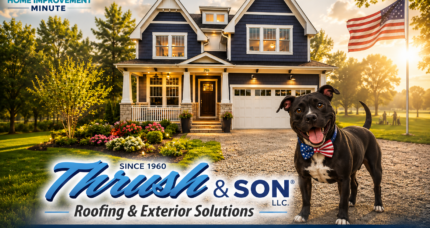 Clean vinyl siding inspiration featuring a beautiful suburban home, BooBoo wearing an American flag bow tie, and Thrush & Son® exterior remodeling branding.