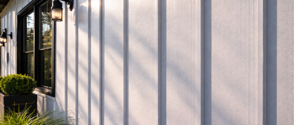 Close-up view of white steel siding in a vertical board-and-batten profile with sunlight reflecting off the textured surface.