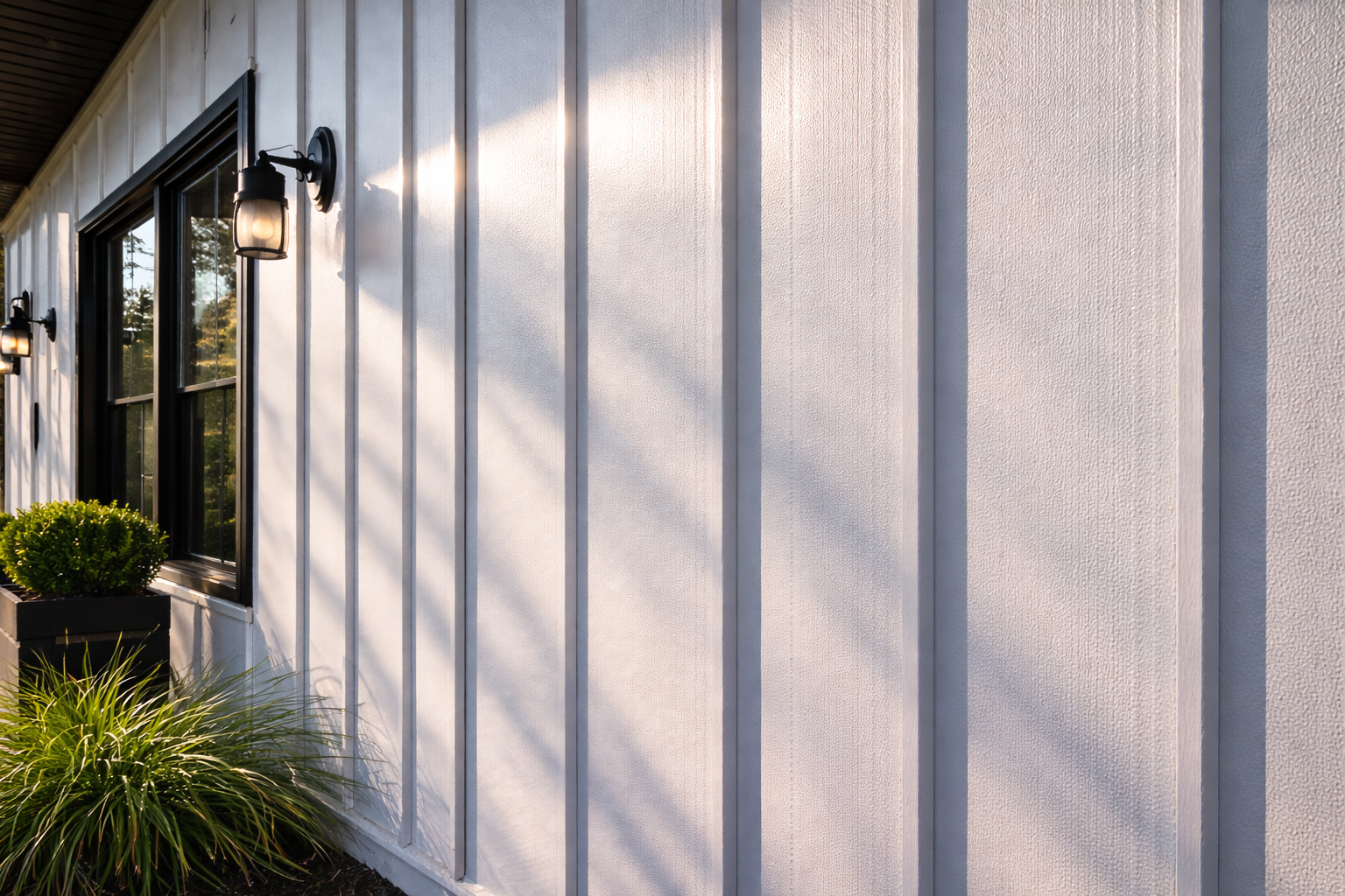 Close-Up of White Steel Board-and-Batten Siding with Sun Reflection Close-up view of white steel siding in a vertical board-and-batten profile with sunlight reflecting off the textured surface.
