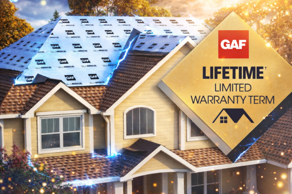 Warranty Coverage with an aerial view of a house with GAF Shingles and a plaque for the GAF lifetime roofing system warranty.