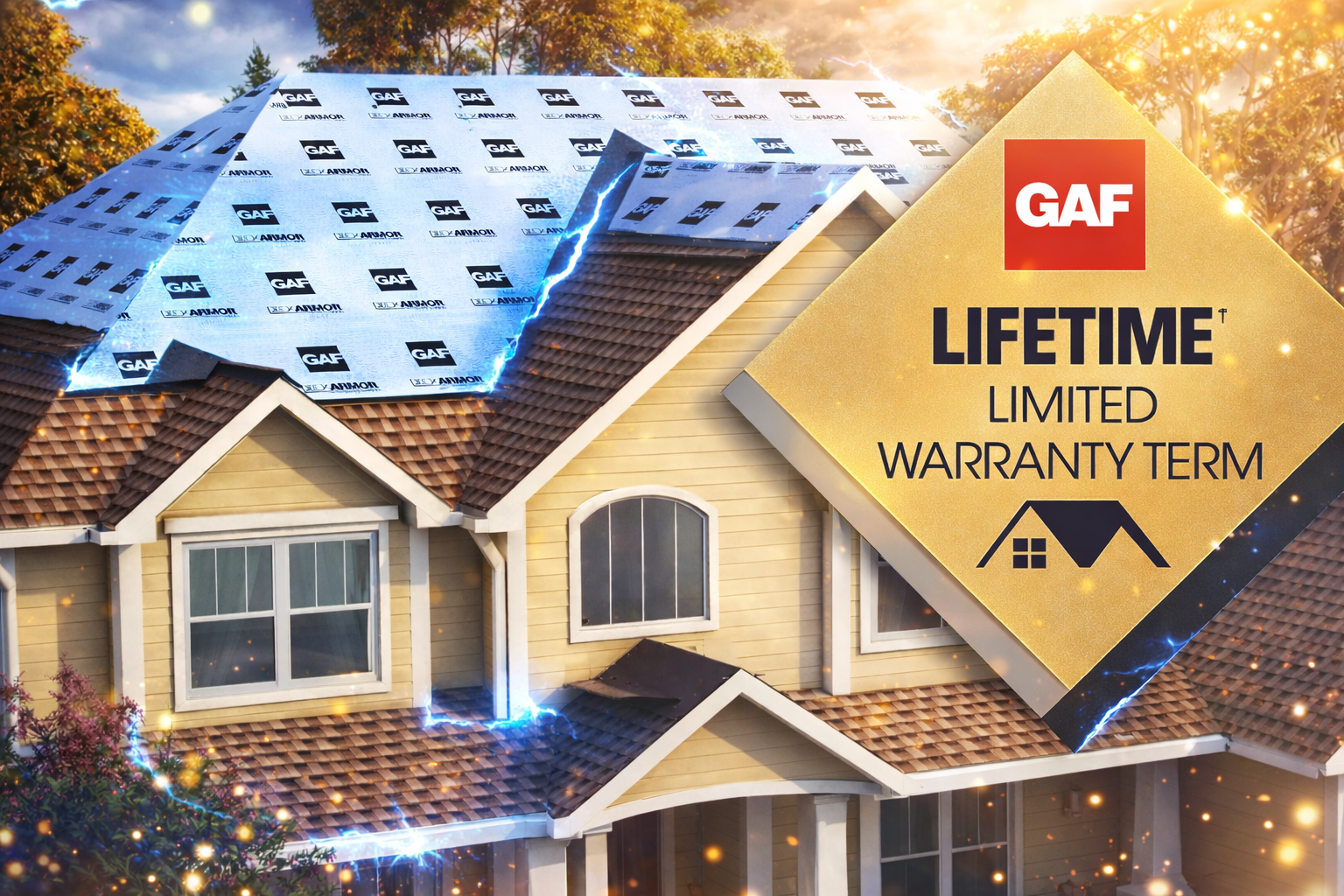 Resource Hub: Warranty Coverage with an aerial view of a house with GAF Shingles and a plaque for the GAF lifetime roofing system warranty