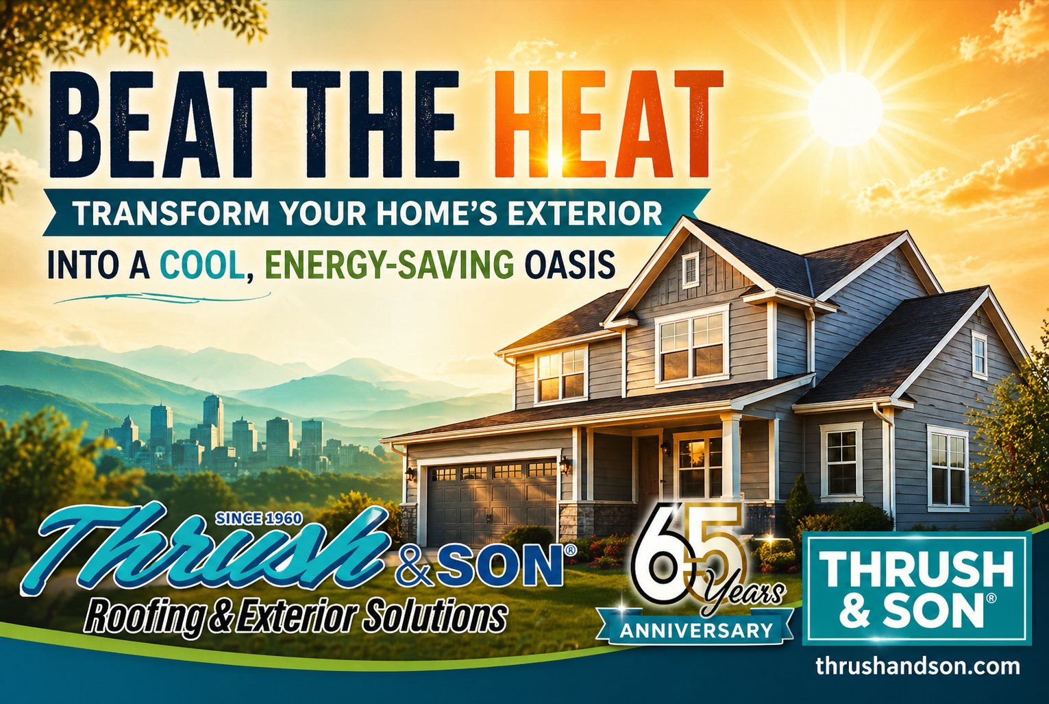 Cool home blog featured image showing a modern house with summer sun and text promoting energy-saving upgrades from Thrush & Son®.