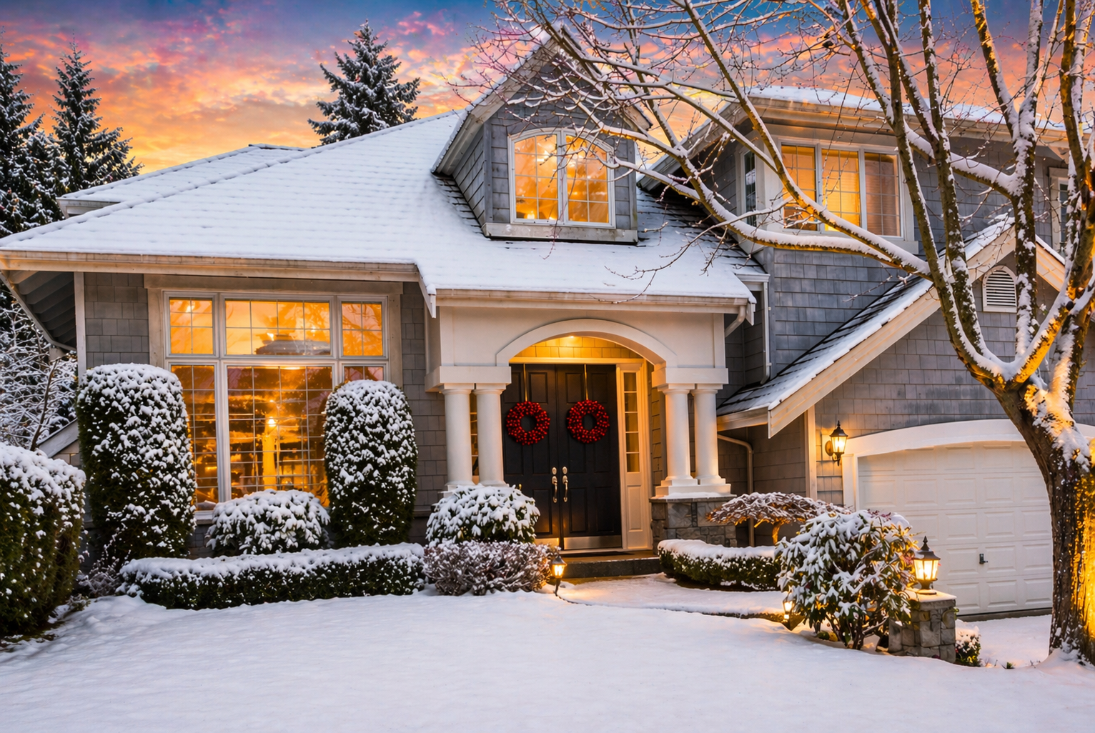 Choose vinyl windows for an energy efficient home during the snowy winter. This home features gray siding, energy-efficient windows, holiday wreaths, and snow-covered landscaping.