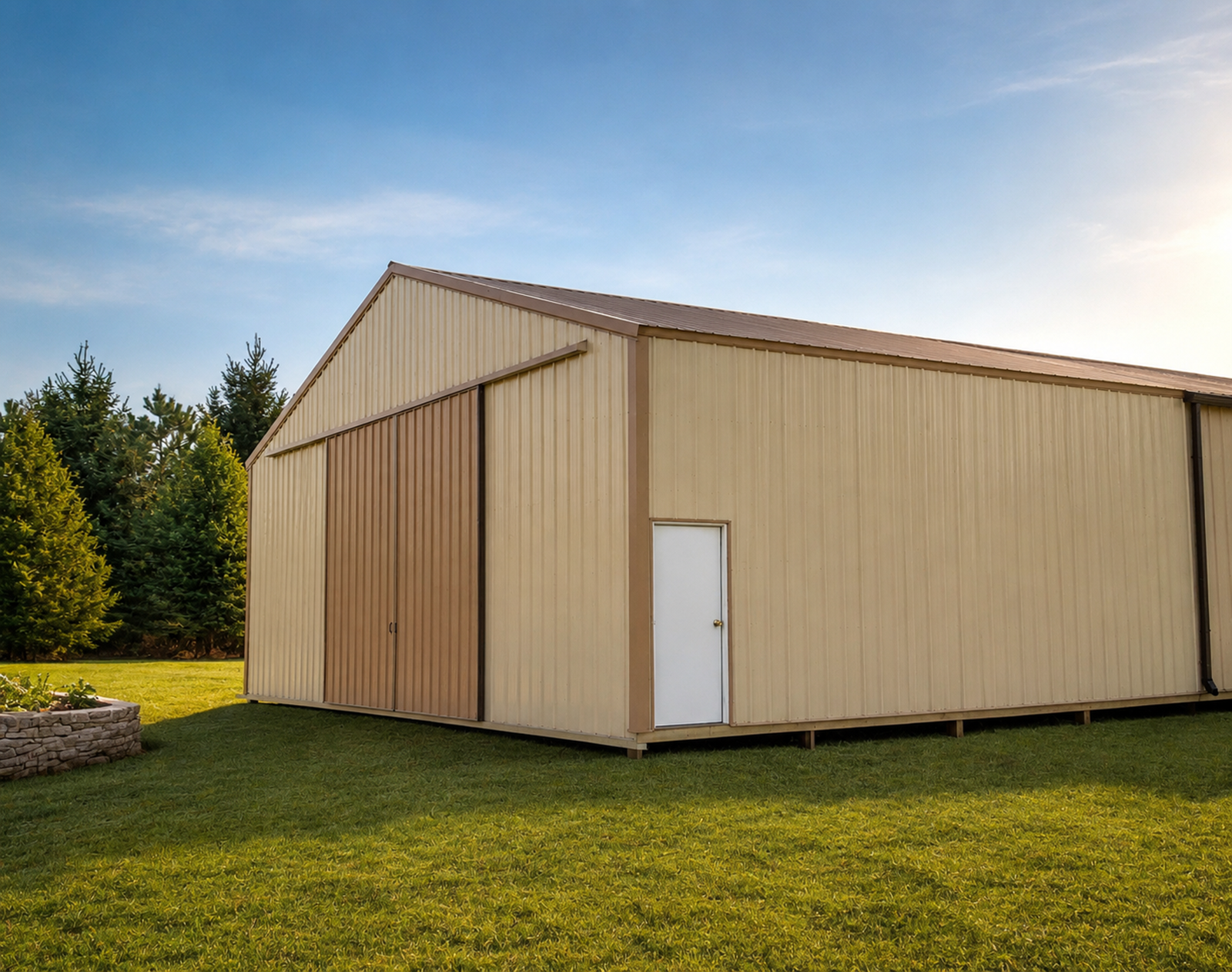Pole barn addition finished in vertical vinyl siding to match the main building