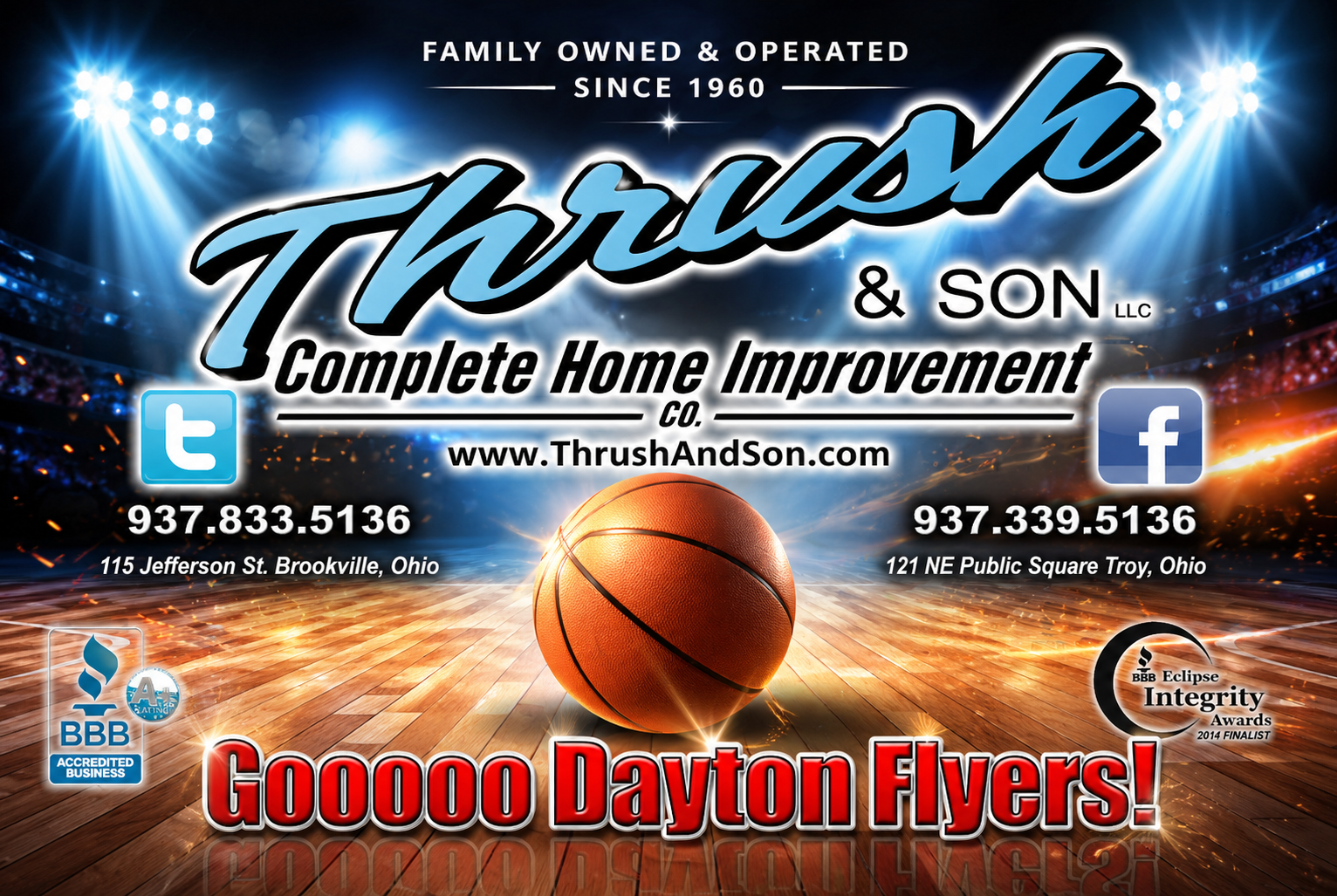 Dayton Flyers Basketball Sponsorship graphic featuring Thrush & Son® supporting UD basketball.