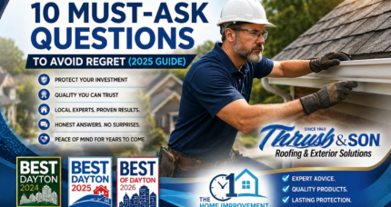 Dayton Ohio roofing contractor inspecting shingles and gutter on a home—Thrush & Son®. Title: Dayton Ohio Roofing Contractor – 2025 Guide Feature.