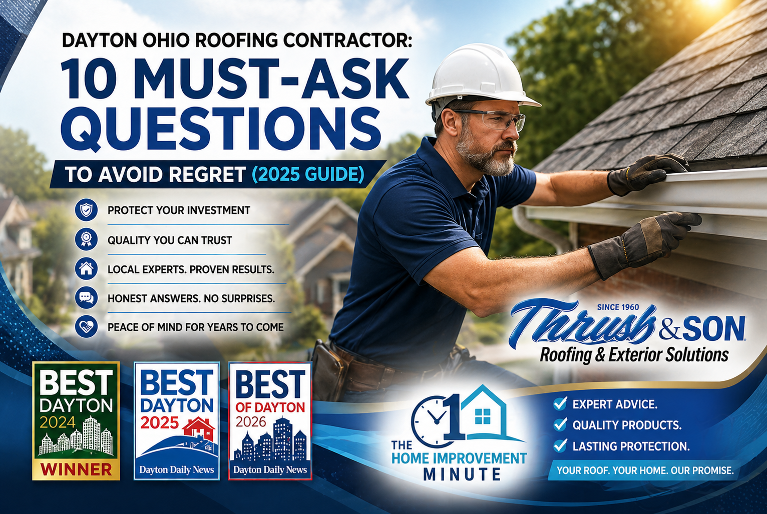 Dayton Ohio roofing contractor inspecting shingles and gutter on a home—Thrush & Son®. Title: Dayton Ohio Roofing Contractor – 2025 Guide Feature.