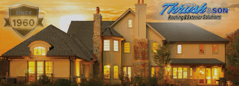 Dayton Ohio roofing services by Thrush & Son showing a residential home with a new asphalt shingle roof, Since 1960