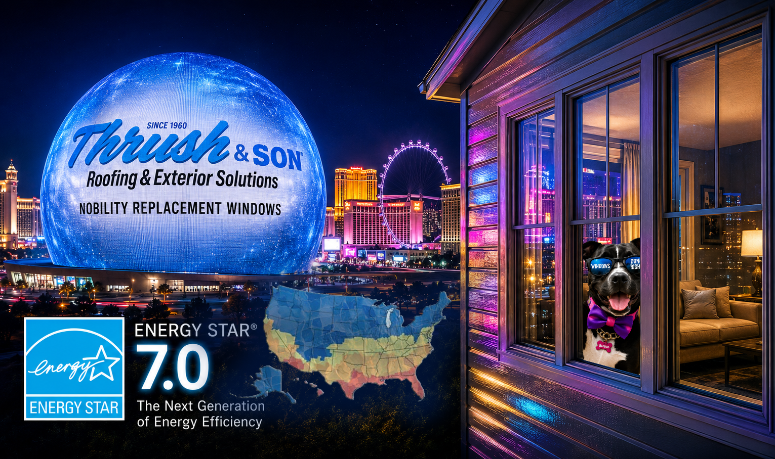 ENERGY STAR 7.0 Nobility replacement windows by Thrush & Son® featuring a modern home with vibrant Las Vegas skyline reflections on the siding, a branded Las Vegas Sphere display, and premium energy-efficient window technology.