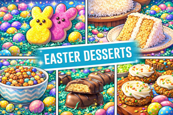 easter ideas in 2026 featuring colorful Easter desserts including bunny cookies, coconut cake, chocolate treats, and festive spring sweets