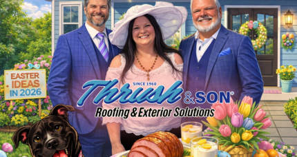 Easter Ideas in 2026 for spring decor, family traditions, and recipes with Thrush & Son family and Boo in front of a beautifully upgraded home