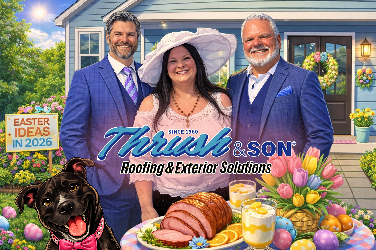 Easter Ideas in 2026 for spring decor, family traditions, and recipes with Thrush & Son family and Boo in front of a beautifully upgraded home