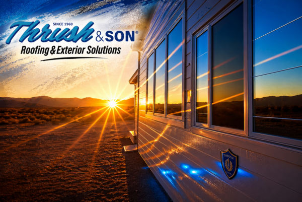 Modern home exterior with reflective windows and siding at sunset, enhanced with Thrush & Son Roofing & Exterior Solutions branding and warm golden light.