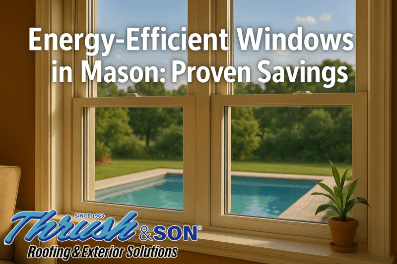 Energy-efficient windows in Mason with summer pool view — proven savings, cooler interiors, and clear vinyl glass