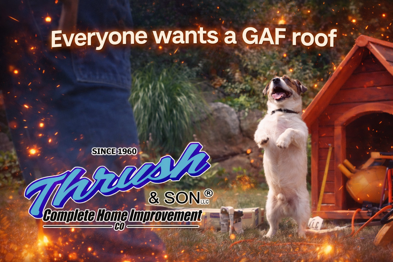 Jesse the Jack Russell standing proudly beside a doghouse promoting why everyone wants a GAF roof installed by Thrush & Son roofing experts.