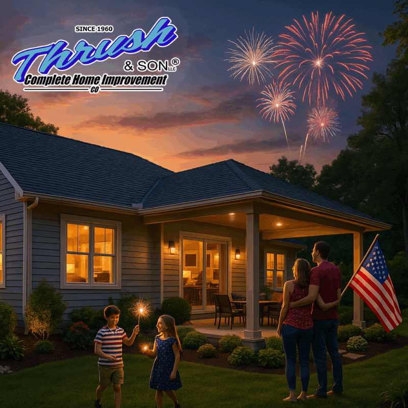 Exterior Home Upgrades Dayton Cincinnati NKY — energy-efficient windows, insulated siding, reflective roof, and a covered patio in a landscaped Dayton backyard at sunset for Independence Day