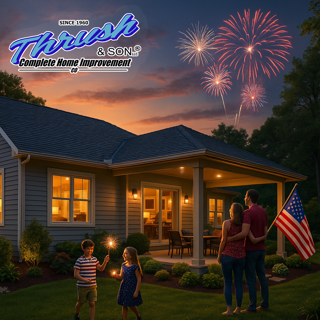 Exterior Home Upgrades Dayton Cincinnati NKY — Landscaped July 4th Backyard Exterior Home Upgrades Dayton Cincinnati NKY — energy-efficient windows, insulated siding, reflective roof, and a covered patio in a landscaped Dayton backyard at sunset for Independence Day