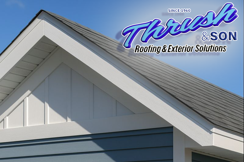 Fascia replacement in Dayton Ohio – clean fascia & soffit roofline Fascia replacement in Dayton Ohio – clean, straight roofline detail with new white fascia and vented soffit under gray shingles.