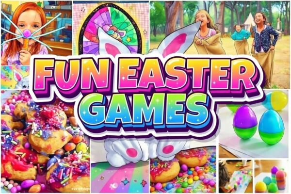 Colorful collage of fun Easter ideas in 2026 featuring kids making bunny crafts, sack races, decorated eggs, sprinkled donuts, and a cute fluffy bunny with pastel eggs and vibrant spring activities
