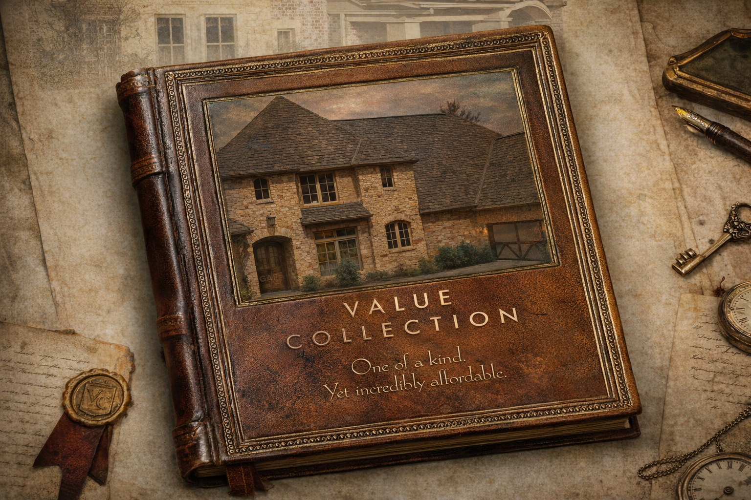Camelot II: GAF Designer Value Collection brochure styled as vintage book showcasing affordable luxury roofing shingles.